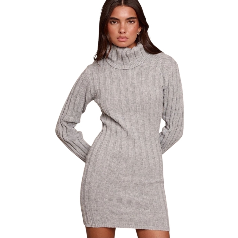 Prettylittlething | Women's Gray Roll Neck Sweater Dress (Uk Size Small)